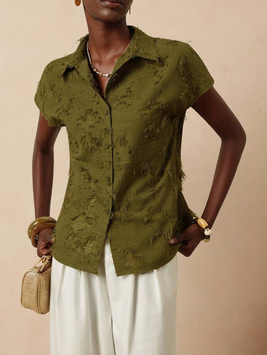 SHEIN Veneréa Women's Green Jacquard Drop Shoulder Short Sleeve Blouse - Green - View 1