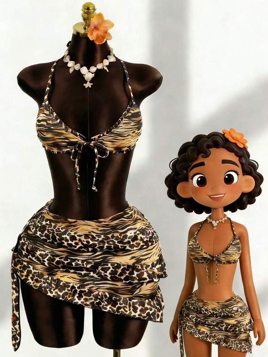 Zestiva 2026新款豹纹三件套泳衣，性感比基尼套装，女士沙滩连衣裙，豹纹泳装，女士比基尼套装，女士两件套泳衣，女士泳装，动物纹比基尼 - 黃色 - 查看 1