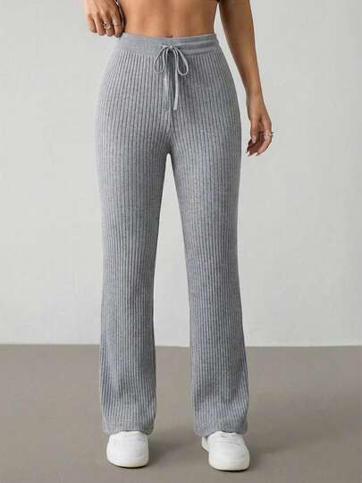 OYGA Women's Light Grey Fake Drawstring Rib-Knit Corduroy Casual Sleep Bottom