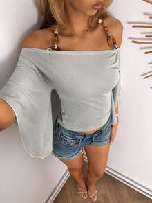 EgrlEra Women's Off Shoulder Asymmetrical Sleeve Halter Fashion T-Shirt - Silver - View 7