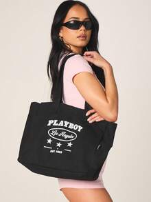 Missguided x Playboy 洛杉矶帆布手提袋，印有星形图案和品牌标志 - 黑色 - 查看 1