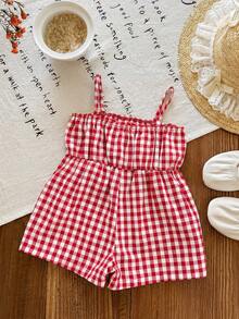SHEIN LMoss Kids 女宝宝可爱休闲夏季红白格子蝴蝶结装饰连体衣 - 紅色 - 查看 4