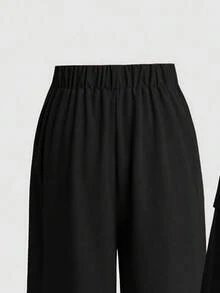 Franclia 两件套：V领撞色拼接上衣和直筒裤，休闲秋冬装 - 黑色 - 查看 3