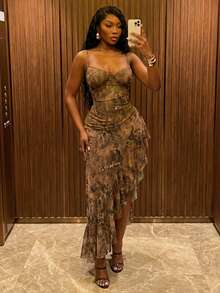 SHEIN SXY 大码女式豹纹侧开衩性感吊带裙 - 彩色 - 查看 5