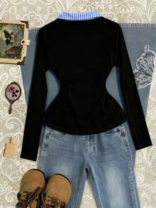 SHEIN Áo thun nữ cổ bẻ tay dài họa tiết sọc - Nhiều màu - Xem 2