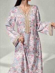 Al Najma 女士花卉印花钩编拼接长袖连衣裙，优雅端庄的A字型卡夫坦长袍，适合晚宴/婚礼宾客/周年纪念/日常穿着 - 淺藍色 - 查看 7