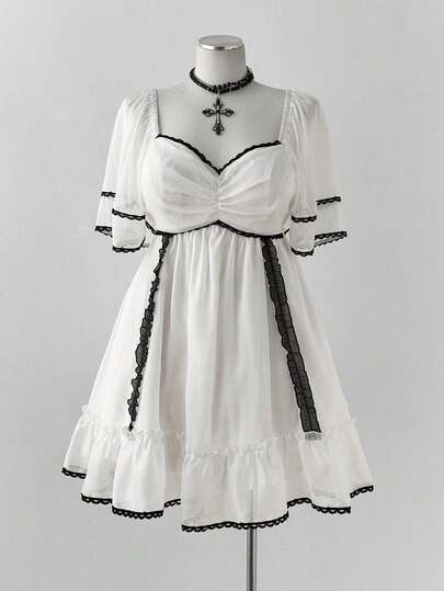 Sunspun 加大码法式欧根纱蕾丝边喇叭下摆短袖连衣裙，甜美风格