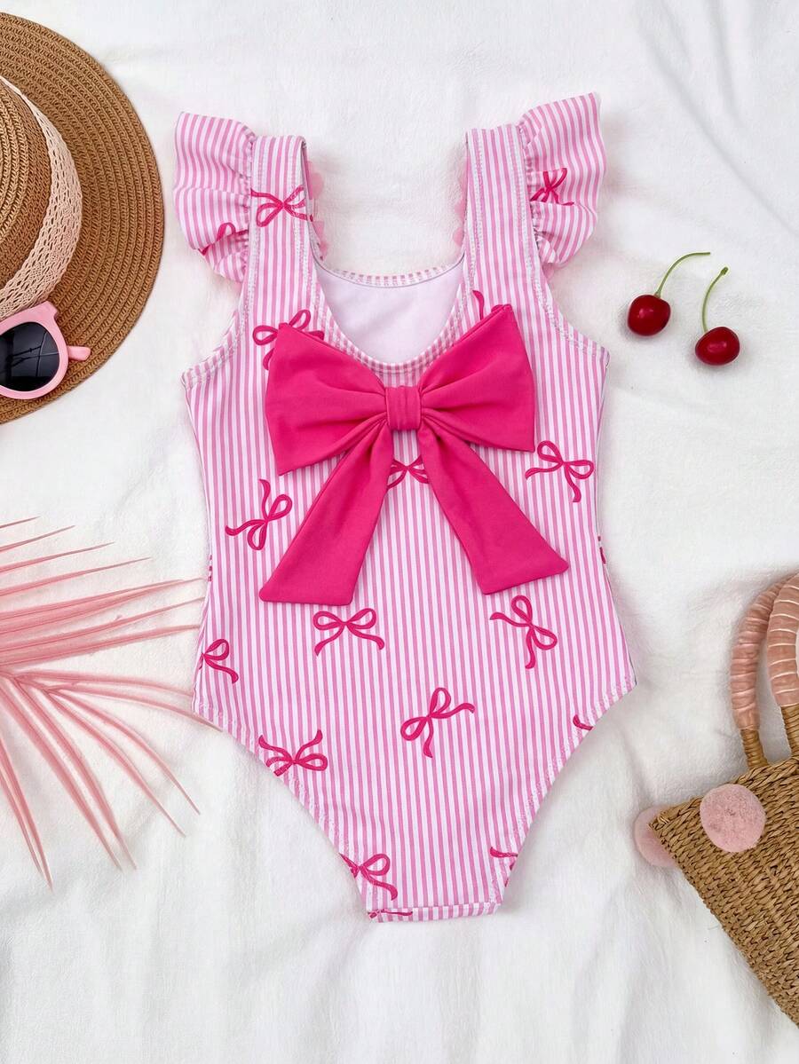 Emery Rose Kids Emery Rose Kids Young Girl Striped Bow & 3D Flower One-Piece Swimwear Toddler Girl Swim Suit Beach Outfit For Girls Toddler Beach Wear Young Girl Swimwear Bathing Suit - Pink - View 1