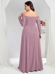 Coutiva Plus Size Women Off-Shoulder Faux Pearl Decor Ruched Waist Elegant Formal Evening Dress - Dusty Pink - View 2