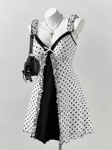 Sunspun Rochie de damă la modă, cu buline și volane, mărime plus, model damă - Alb-negru - Vizualizare 6