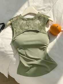 Modelyn Solid Color Lace Patchwork Hollow Out Fitted Sleeveless Top For Women - Green - View 4