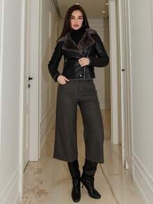 Bris Aura 女式黑色 PU 皮革复合仿兔毛领夹克 - 黑色 - 查看 4