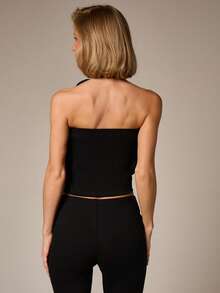 AiiRZ 女士黑色缎面欧根纱花朵多穿式上衣或迷你裙，荷叶边下摆，系带腰身，适合晚宴派对，优雅短款，充满女性魅力 - 黑色 - 查看 4