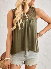 SHEIN Holidaya Women's Army Green Sleeveless Round Neck Hollow Out Ruched Fitted Tank Top - Army Green - View 4