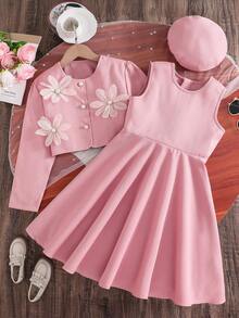 SHEIN 冬季套装、秋季服装、少女秋季服装、开衫、杏色针织开衫，饰有3D立体花卉图案，搭配同色系无袖连衣裙，配以时尚帽子，时尚优雅，适合通勤、日常穿着、聚会和派对。 - 粉色 - 查看 3