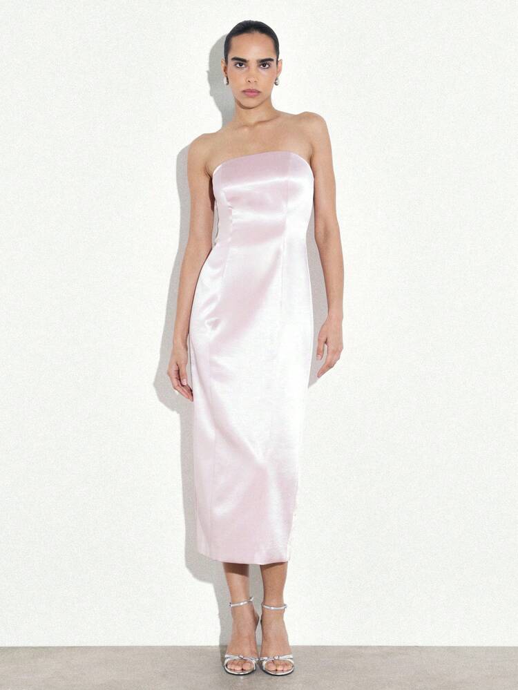 KSTM Strapless Satin Midi Dress With Oversized Front Bow Detail And Asymmetric Drape Hem Perfect For Evening Wedding Guest Special Occasions