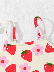 SHEIN 可爱草莓花图案，海滩度假风，少女休闲简约修身吊带背心和三角比基尼泳衣套装，适合夏季休闲度假，#椰子女孩 - 彩色 - 查看 5