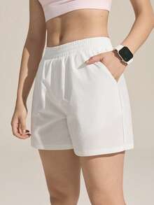 Exploreva Quần short nữ màu trơn có túi, kiểu dáng thường ngày, đa năng, thích hợp cho hoạt động ngoài trời. - trắng - Xem 6