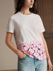 Anewsta Women's Heavy Embroidery & Beaded T-Shirt - White - View 3