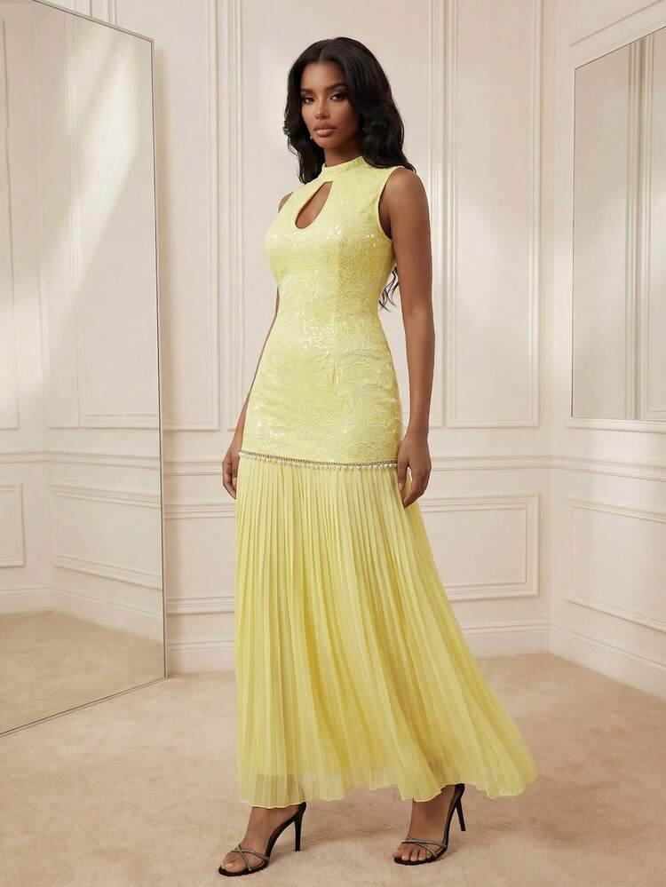 Women's Long Elegant Dress, Pleated Fishtail Hem Lace Dress, Suitable For Party, Music Festival, Spring/Summer New Arrival