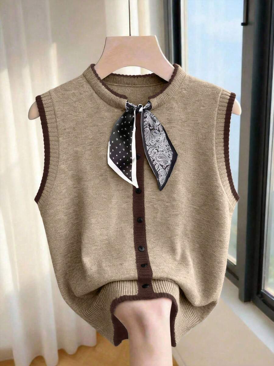 Franclia 新款春夏休闲简约圆领超细Polo无袖背心,哑光纽扣,紧身针织,撞色滚边,波点和佩斯利拼接,适合通勤上班,百搭韩版风格,修身剪裁,舒适百搭,深色系,显瘦显瘦,商务中性高端女士针织上衣 - 杏色 - 查看 1