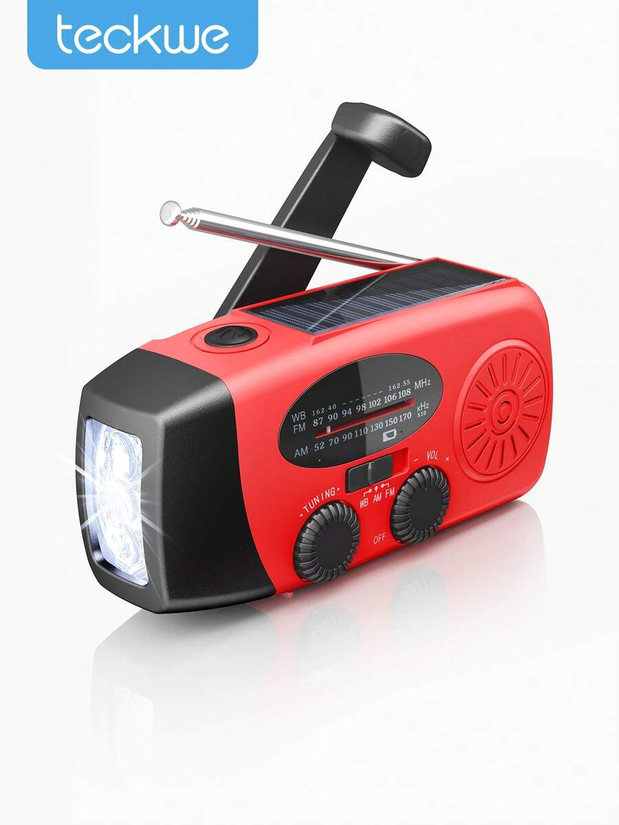Teckwe 手摇收音机 2000mAh，AM/FM NOAA 天气收音机，带强光手电筒，适用于家庭和户外紧急情况 - 紅色 - 查看 1