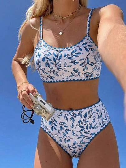 Swim Vcay Conjunto de bikini y tanga triangular con estampado de hojas para mujer, de verano y uso casual