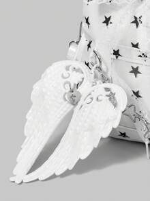 ROMWE 1 pieza Bolso de tote de mujer con decoración de lazo a rayas, colgante de nota musical estrella azul kawaii dulce y lindo, estilo retro Y2K, de moda y sencillo, con múltiples bolsillos, de gran capacidad, adecuado para compras, viajes, ir al trabajo, universidad - Blanco - Ver 4