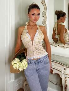 SHEIN Áo kiểu nữ ren hoa cổ yếm buộc dây, phong cách thường ngày, đa năng. - Nhiều màu - Xem 4