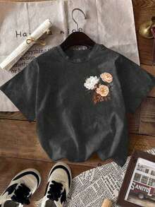 DrmWander 女士T恤，休闲街头风印花短袖T恤，可爱夏季上衣 - 深灰色 - 查看 2