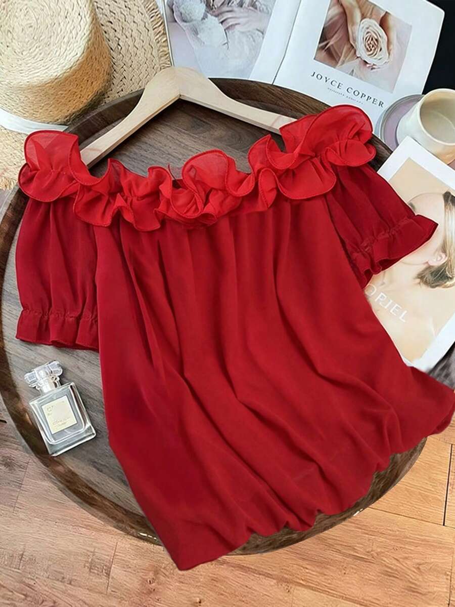 SHEIN Franclia Áo kiểu nữ thanh lịch, bèo nhún, trễ vai, dáng rộng - Màu Đỏ Sâu - Xem 1