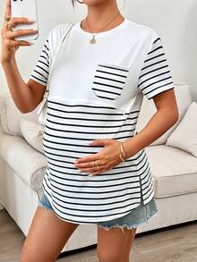 SHEIN Pregnant Women's Patchwork Striped Pocket Round Neck Short Sleeve Casual Nursing T-Shirt - White - View 6
