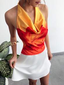 RiviMae 女士优雅度假风深V领扎染花卉露背系带衬衫 - 橘色 - 查看 1