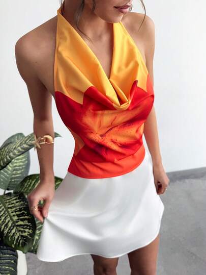 RiviMae Blusa elegante de mujer con escote profundo, estampado de teñido anudado y floral, y espalda descubierta para vacaciones