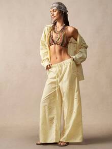 Bohemela 女士夏季休闲波西米亚度假海滩法式乡村音乐节海洋元素趣味刺绣图案宽大黄色低腰宽松裤，防晒遮盖裤，女士夏季服装，女士外出裤，度假服装，女士海滩服装，沙滩裤 - 黃色 - 查看 6