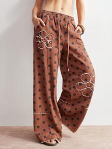 Bohemela 女士休闲舒适 Y2K 波西米亚风音乐节西部乡村复古水洗斜纹牛仔拼接波点宽松阔腿裤 - 卡其色 - 查看 2