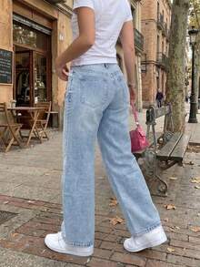 SHEIN ICON Quần jeans nữ dáng suông, rộng rãi, đa năng, có túi. - Màu xanh lam - Xem 2