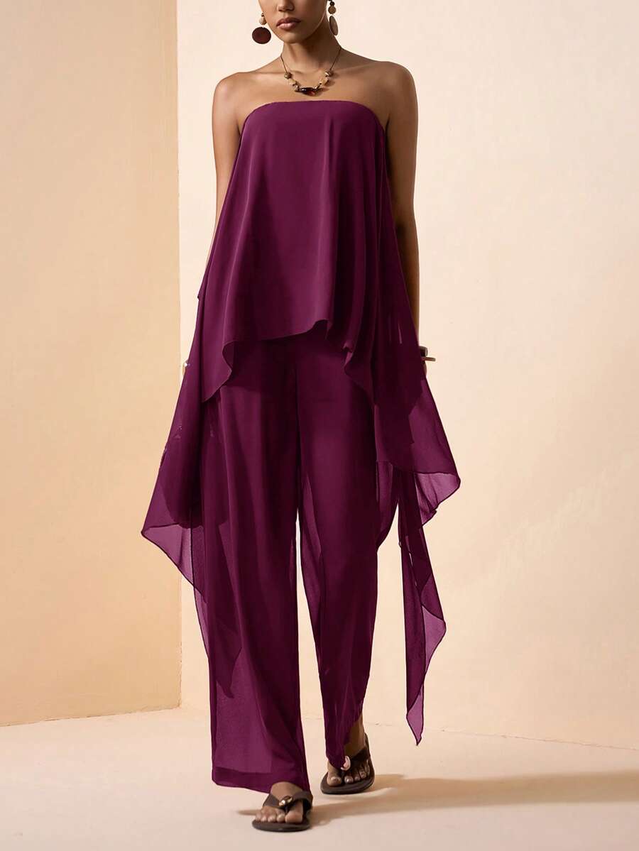 Zivah 2026春夏新款音乐节、复活节、圣帕特里克节、情人节、约会、西部风、游牧风、生日派对、毕业典礼、大学、学生、日常穿着、基础搭配、休闲、度假、邮轮、海滩、日光浴、爆款、街头风、婚礼宾客、通勤、早午餐、机场、派对、假日郊游、办公穿着雪纺荷叶边无袖上衣和裤子棕色两件套 - 紫色 - 查看 1