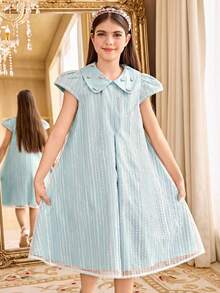 SHEIN Đầm suông tay cánh hoa kiểu dáng thường ngày cho bé gái tuổi teen - Màu xanh Bạc hà - Xem 3
