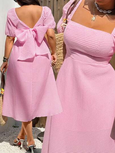 Sunnyshic Plus Size Women's Pink Romantic Vacation Collegiate Style Puff Sleeve Square Neck Open Back Big Bow A-Line Short Sleeve Dress, Suitable For Wedding Season, Everyday Wear, Backless, Pink, Vacation, Back To School, Summer Plus Size, Countryside Vacation Outfit, Suitable For Spring, Summer, All Seasons