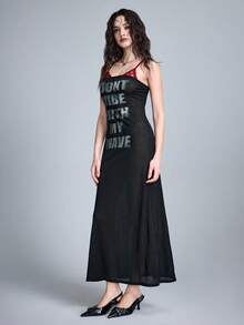 ROMWE Y2K Millennium Spaghetti Strap Sexy Semi-Sheer Contrast Lace English Print Maxi Dress For Women - Black - View 4