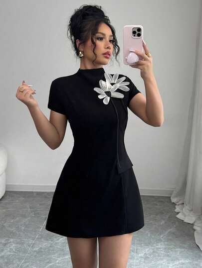 Elenzga Váy ngắn họa tiết hoa cổ điển thanh lịch chữ A, ôm vừa vặn tôn dáng