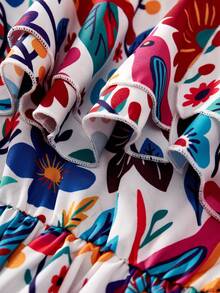 女童荷叶边下摆水果植物印花拼接吊带度假连衣裙 - 彩色 - 查看 7