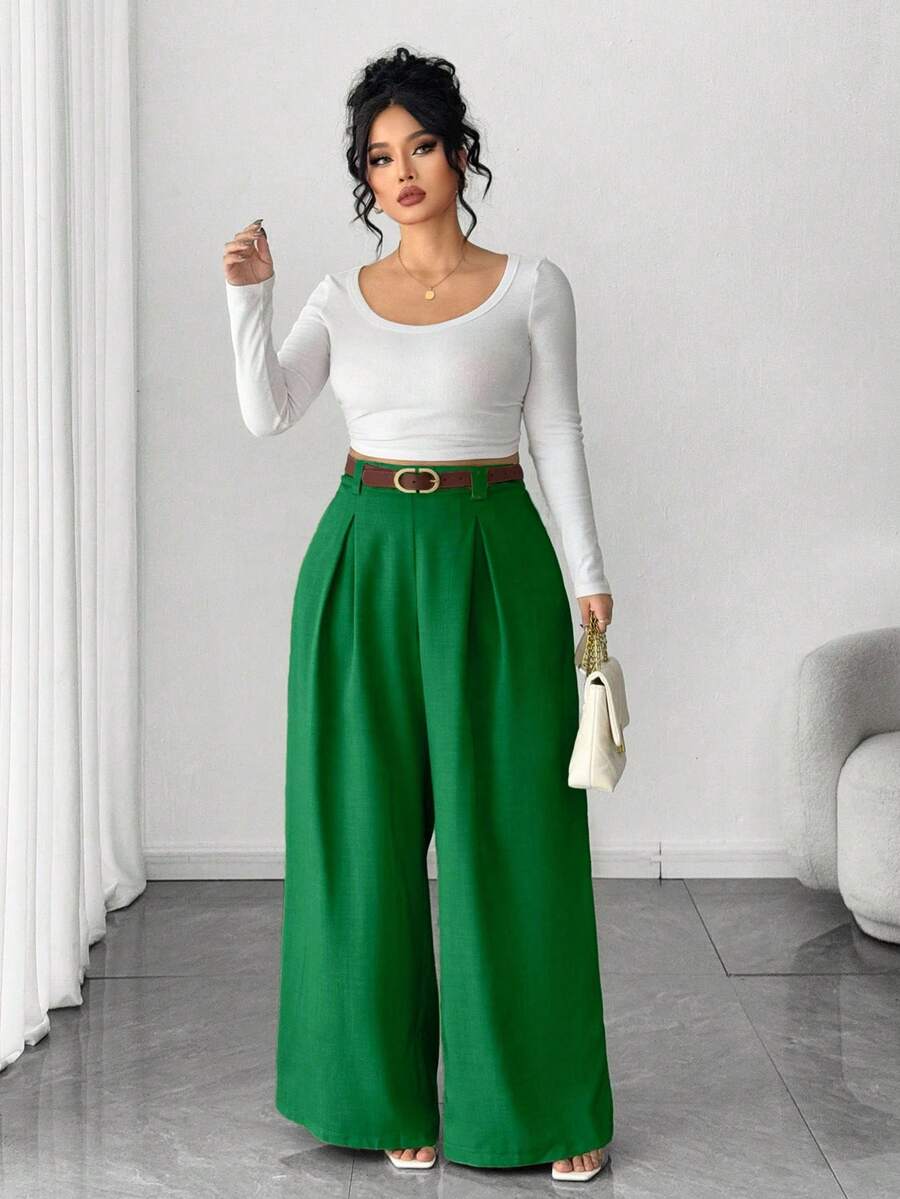 Elenzga Pantalones para mujer de talla grande, unicolor albaricoque, estilo elegante, de moda para ir al trabajo y la oficina - Verde - Ver 1