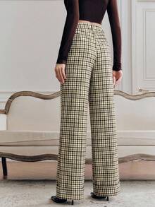 Anewsta 女士经典格纹直筒裤，垂坠修身，通勤百搭，棕色 - 綠色 - 查看 6