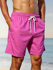 Manfinity Swimmode Quần short đi biển thời trang thường ngày in họa tiết chim hồng hạc cho nam, có dây rút ở eo - Hồng - Xem 3