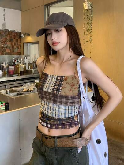K-Vae Women's Summer Vintage Vacation Style Patchwork Plaid Print Pleated Cinched Waist Short Camisole