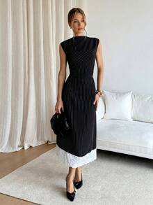 Siren Gaze Damen gestreiftes Spitzen-Patchwork elegantes tailliertes langes Kleid, geeignet für Dates und Partys - Schwarz - Übersicht 5