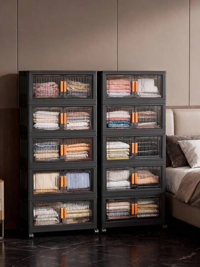 1 Folding Storage Cabinet With A Width Of 40/50/60cm, Double Door Storage Cabinet, Thick Plastic Wheeled Storage Cabinet, Multi-Layer Cabinet For Toys And Snacks In The Living Room, Clothing Storage Cabinet, And Dust-Proof Storage Rack For Home Use