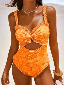 Swim Vcay Áo tắm một mảnh gợi cảm cho nữ, kiểu dáng khoét eo và giữa, viền ren, dây mảnh, thích hợp cho kỳ nghỉ hè. - trái cam - Xem 4